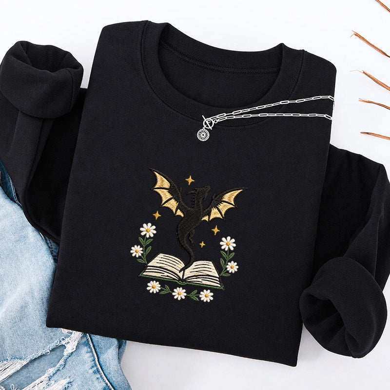 Embroidered Dragon Floral Book Classic Crewneck Sweatshirt