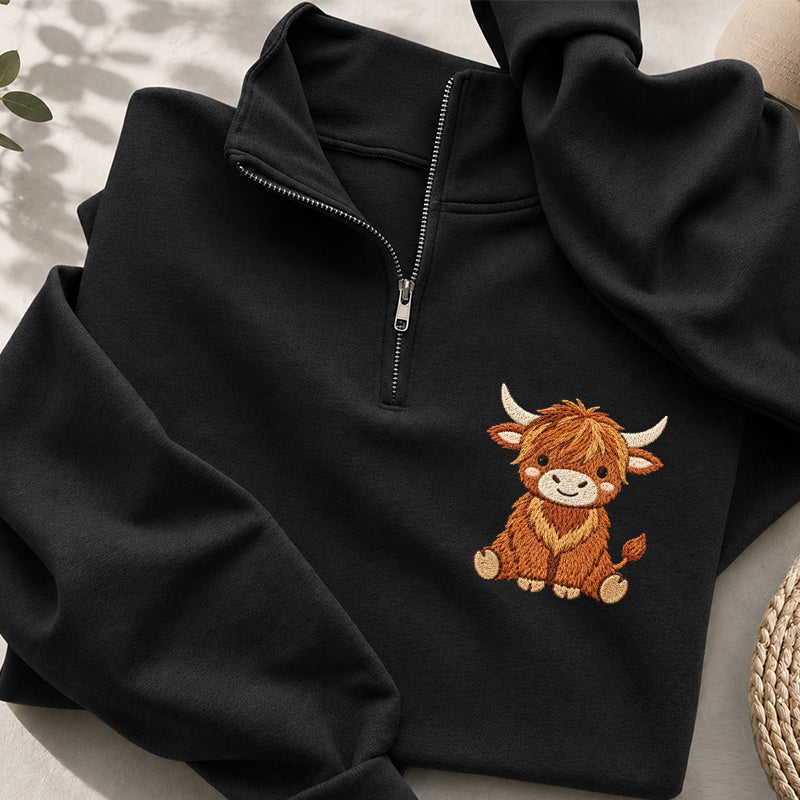 Embroidered Highland Cow Classic Quarter Zip Sweatshirt