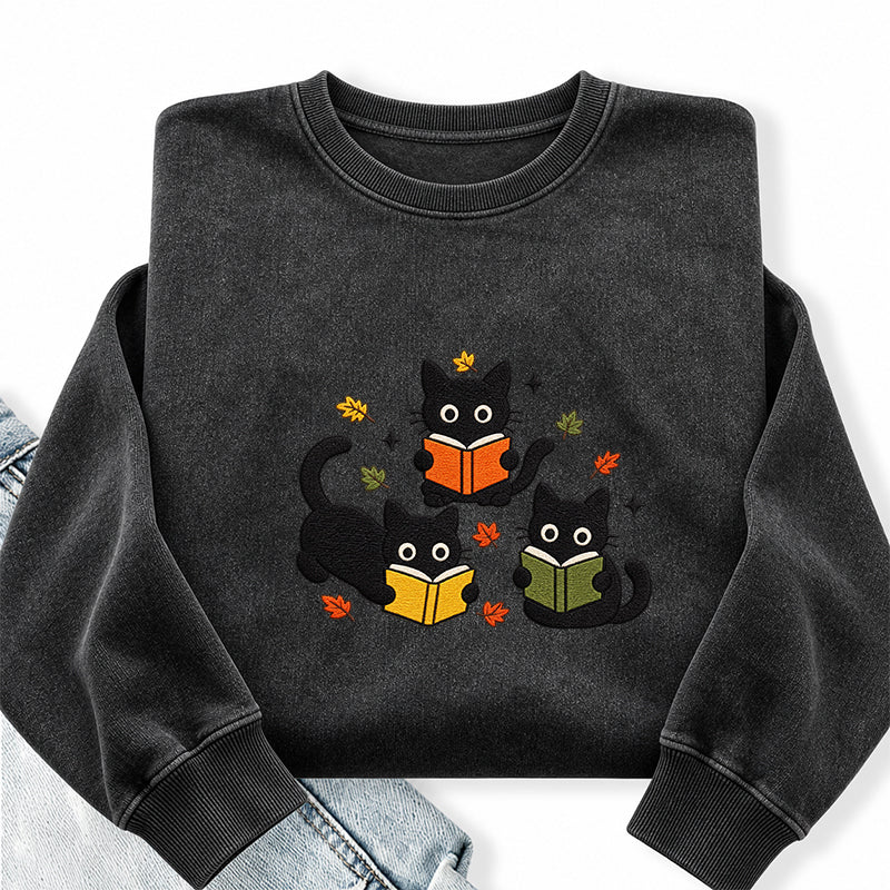 Embroidered Fall Black Cat Reading Books Washed Crewneck Sweatshirt