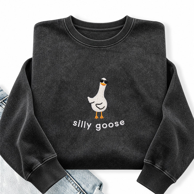 Embroidered Funny Silly Goose Washed Crewneck Sweatshirt