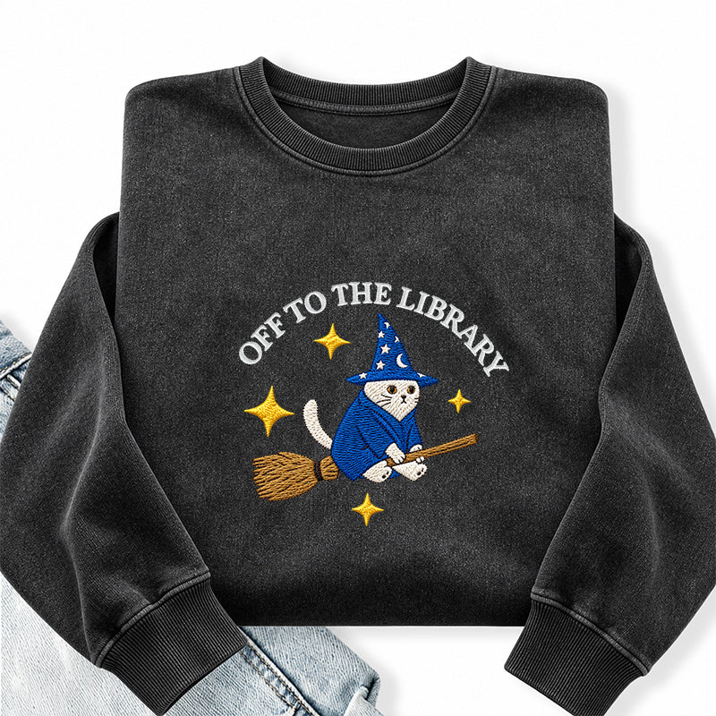 Embroidered Cat Off To The Library Washed Crewneck Sweatshirt