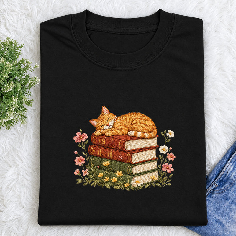 Embroidered Cat Sleeping On Books Classic Crew Neck T-Shirt