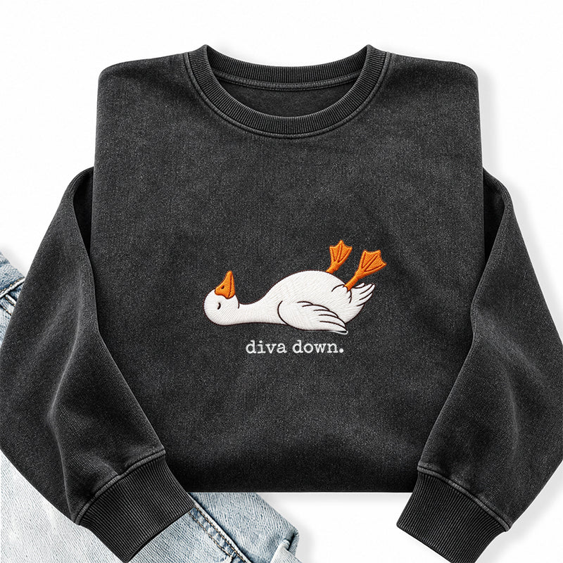 Embroidered Diva Down Goose Washed Crewneck Sweatshirt