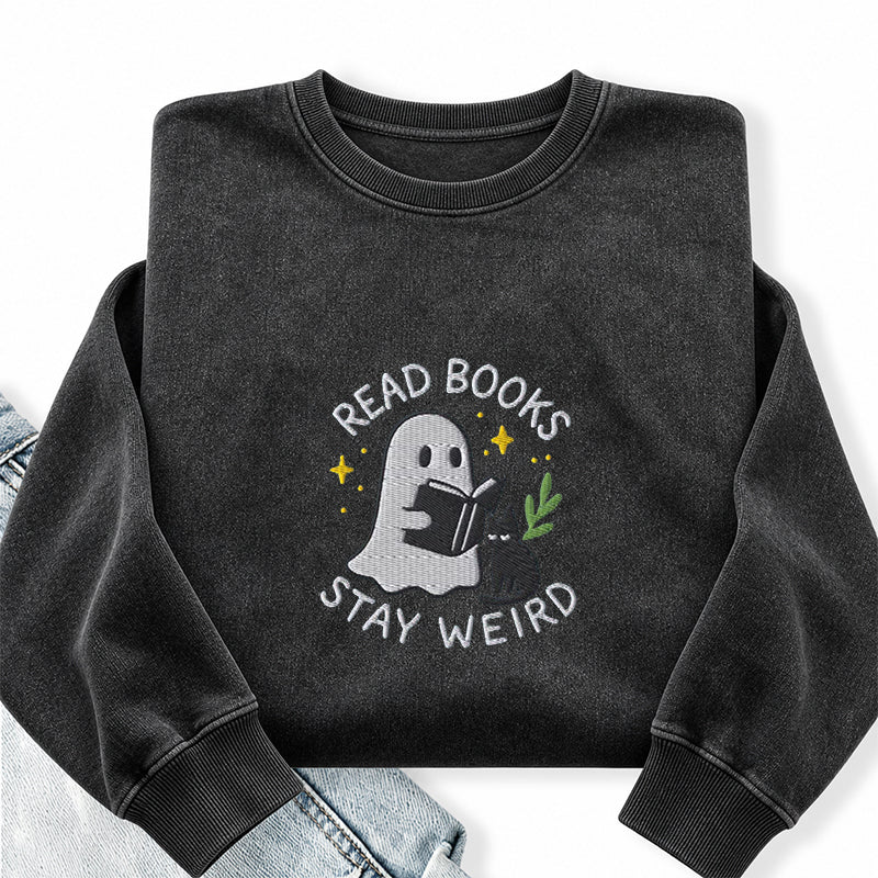 Embroidered Read Books Stay Weird Ghost Washed Crewneck Sweatshirt
