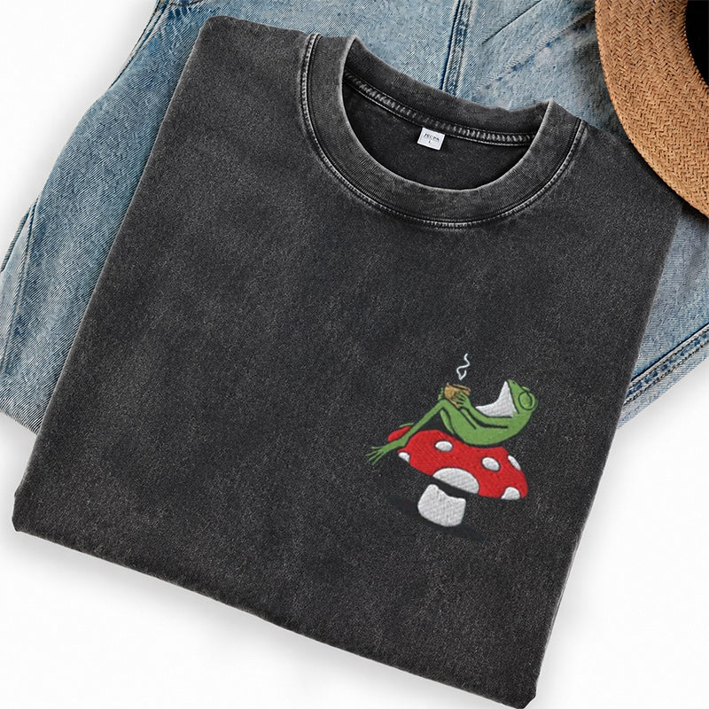 Embroidered Frog Coffee Time Washed Crew Neck T-Shirt