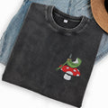 Embroidered Frog Coffee Time Washed Crew Neck T-Shirt