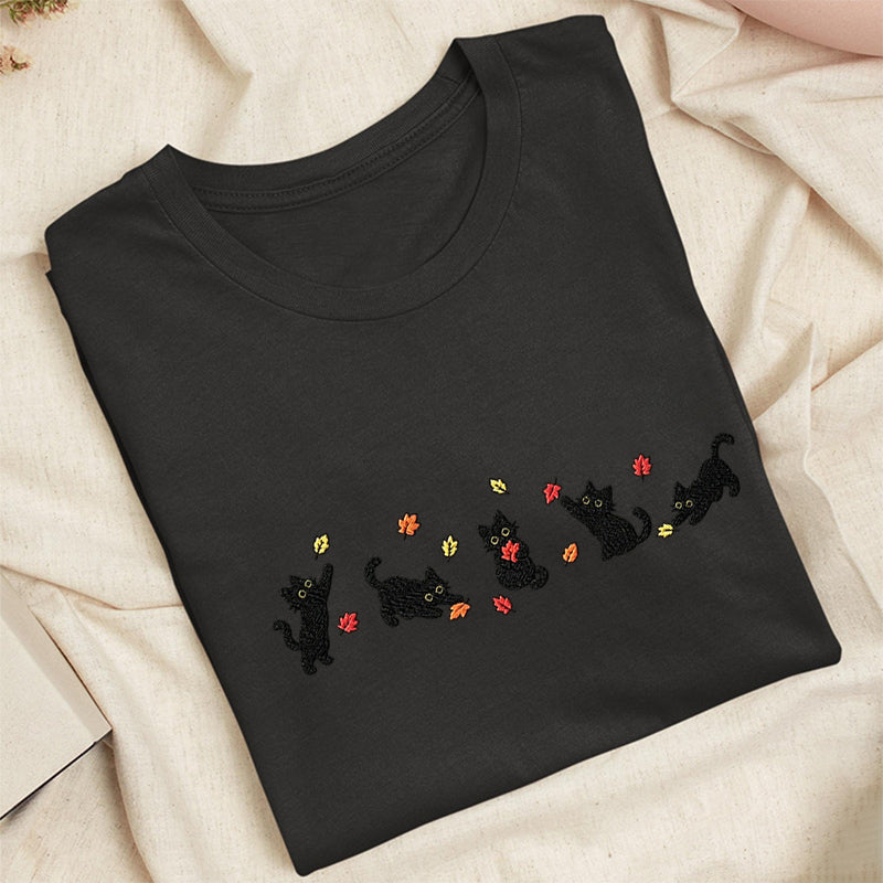 Embroidered Autumn Leaves Black Cats Classic Adult Unisex Crew Neck T-Shirt