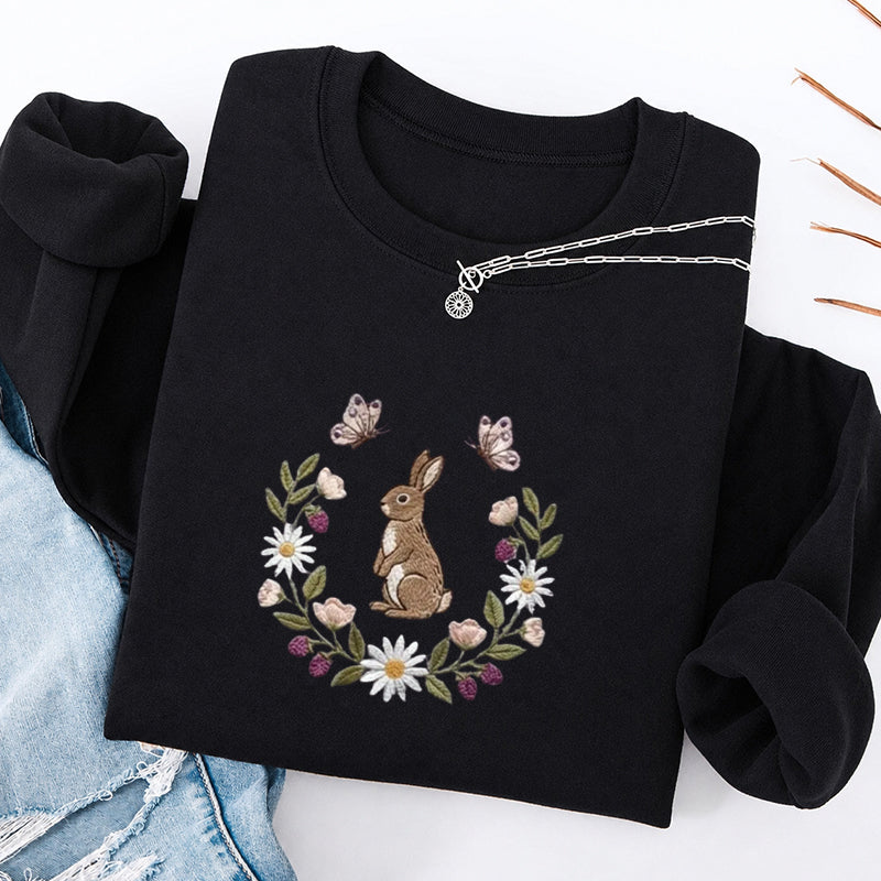 Embroidered Bunny Flower Classic Crewneck Sweatshirt