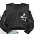 Embroidered Skeleton Coffee And Books Washed Crewneck Sweatshirt
