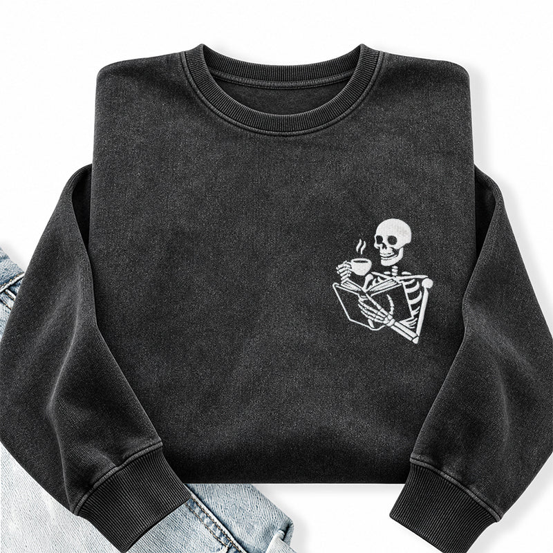 Embroidered Skeleton Coffee And Books Washed Crewneck Sweatshirt