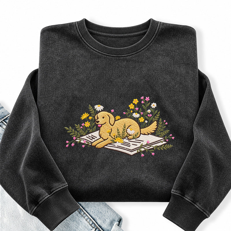 Embroidered Dog Lying On Book Washed Crewneck Sweatshirt