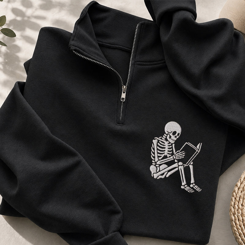 Embroidered Reading Skeleton Classic Quarter Zip Sweatshirt