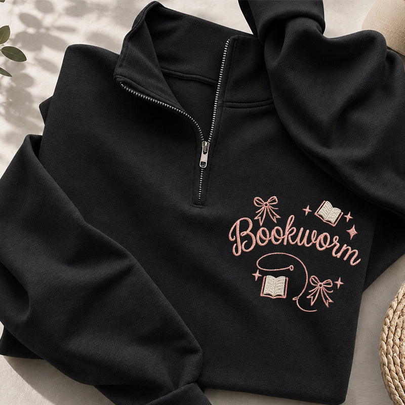 Embroidered Funny Bookworm Classic Quarter Zip Sweatshirt