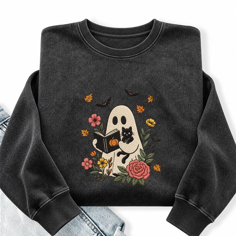 Embroidered Floral Ghost Reading Book Washed Crewneck Sweatshirt