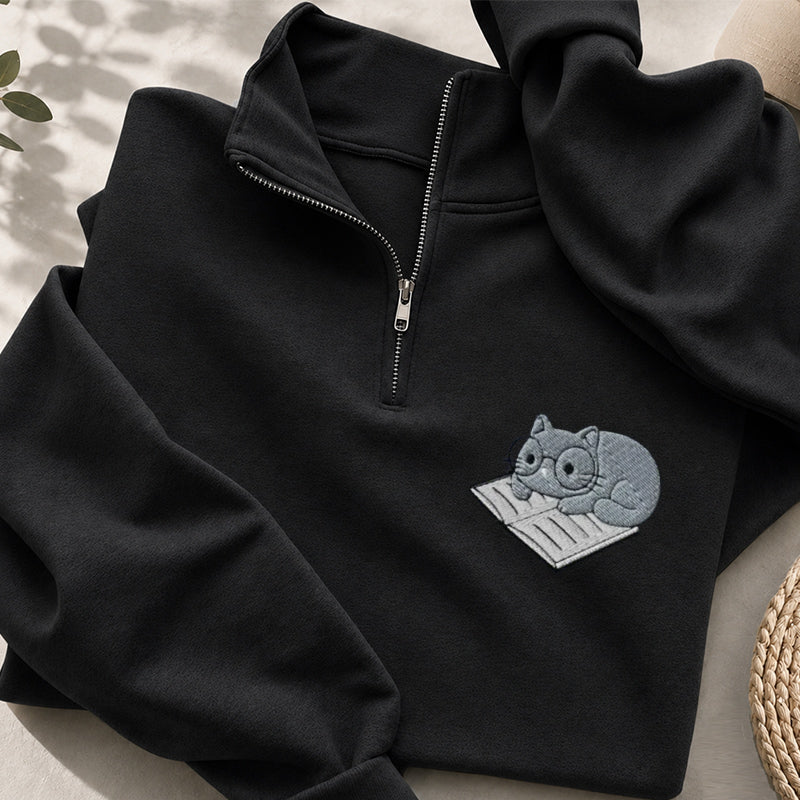 Embroidered Cat On Book Classic Quarter Zip Sweatshirt