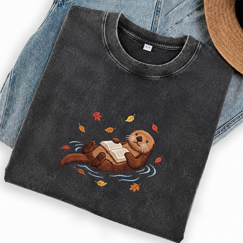 Embroidered Otter Reading Book Washed Crew Neck T-Shirt
