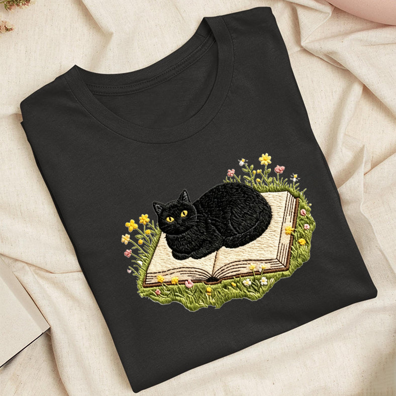 Embroidered Black Cat Book Classic Adult Unisex Crew Neck T-Shirt