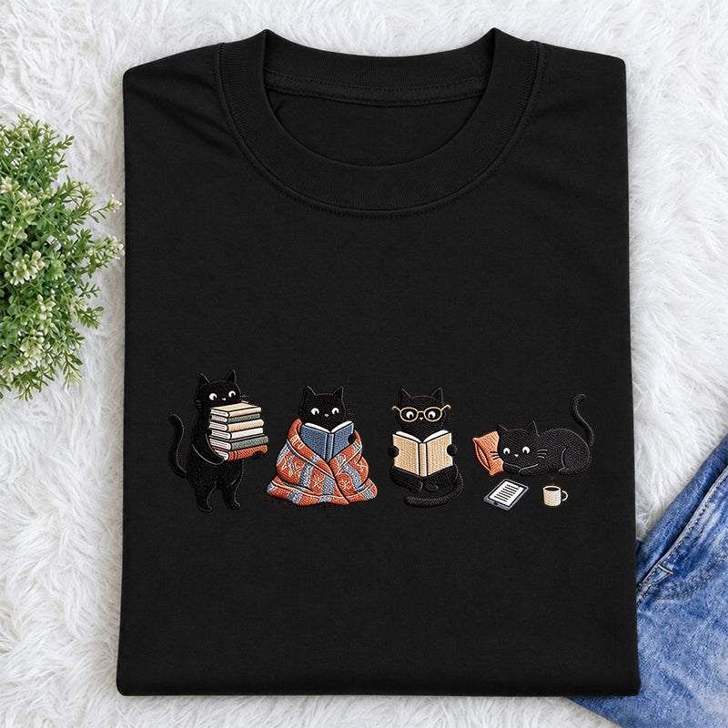 Embroidered Bookish Black Cats Classic Crew Neck T-Shirt