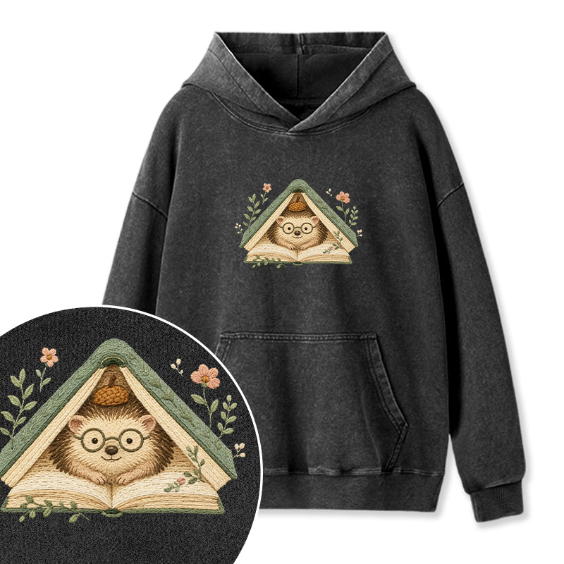Embroidered Hedgehog Book Flower Washed Hoodie