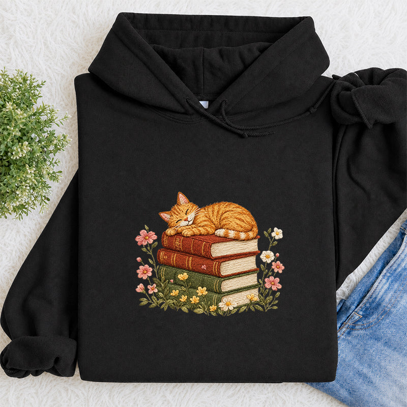 Embroidered Cat Sleeping On Books Classic Adult Unisex Hoodie