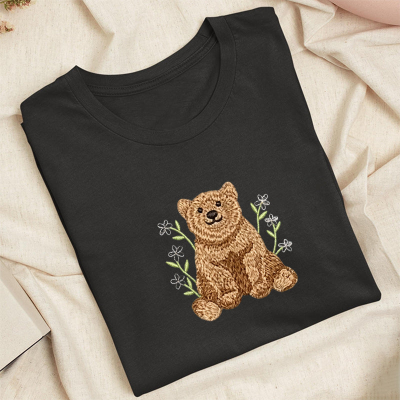 Embroidered Floral Bear Classic Adult Unisex Crew Neck T-Shirt