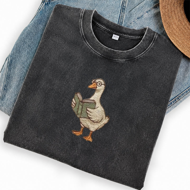 Embroidered Reading Goose Washed Crew Neck T-Shirt