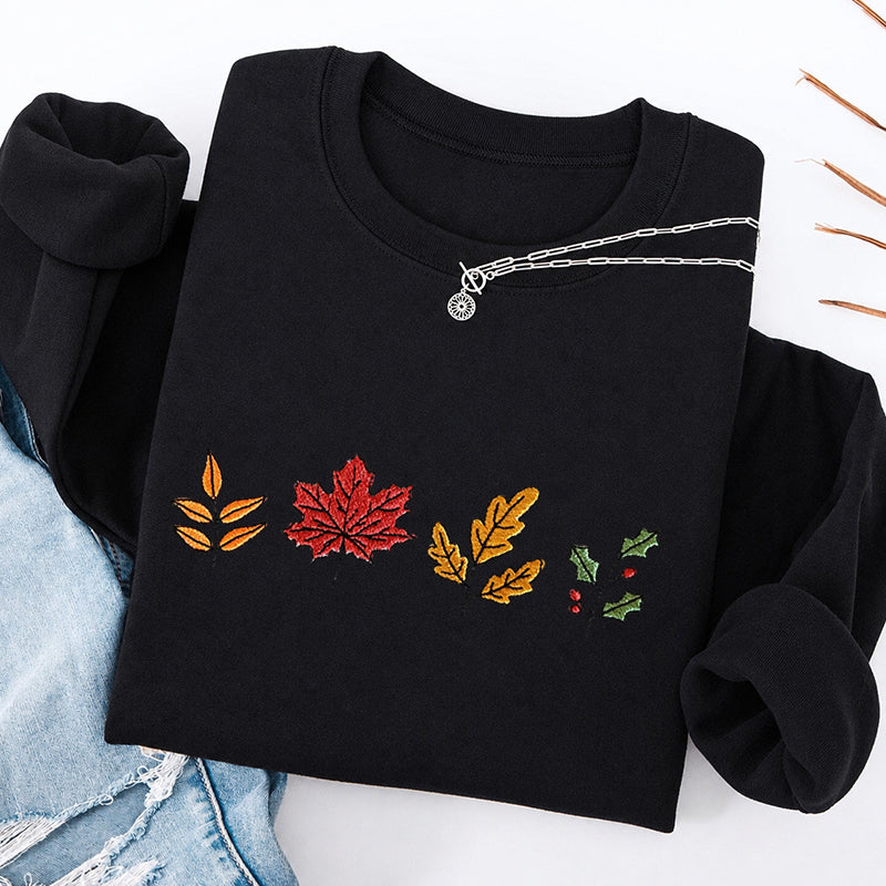Embroidered Colorful Fall Leaves Classic Crewneck Sweatshirt