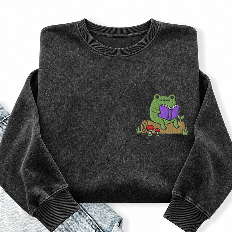 Embroidered Reading Frog Washed Crewneck Sweatshirt