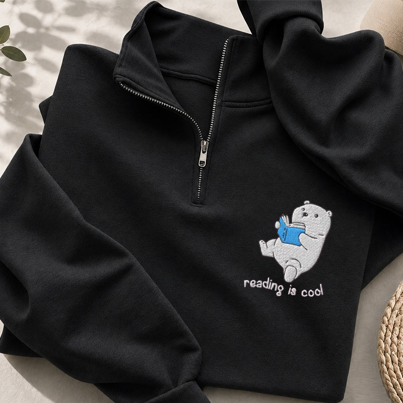 Embroidered Reading Is Cool Polar Bear Classic Quarter Zip Sweatshirt
