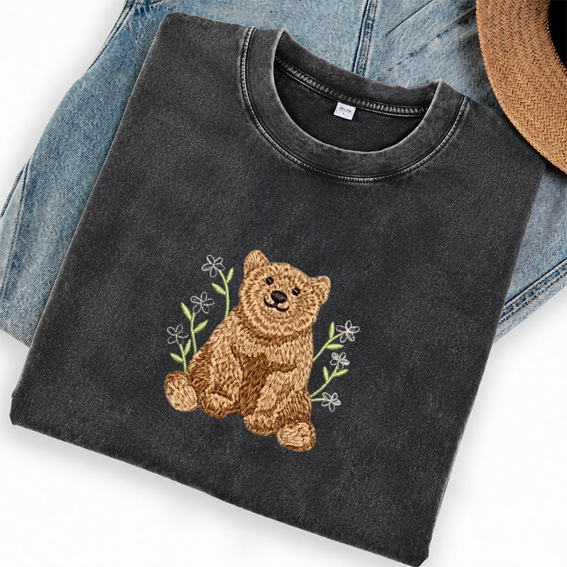Embroidered Floral Bear Washed Crew Neck T-Shirt