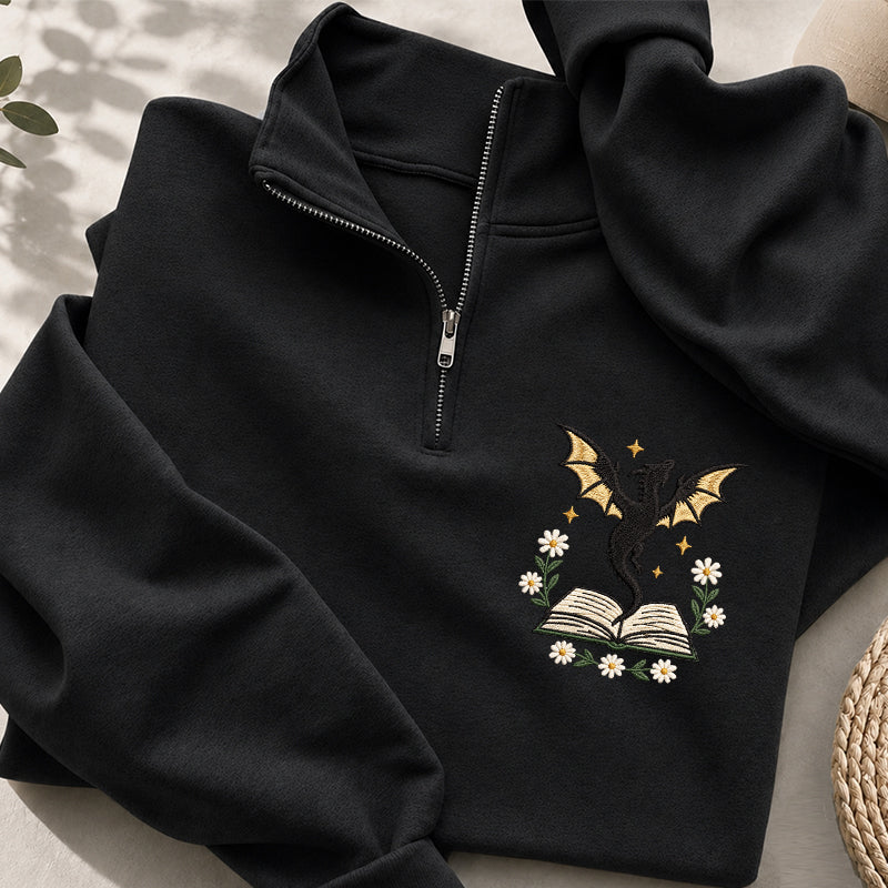 Embroidered Dragon Floral Book Classic Quarter Zip Sweatshirt