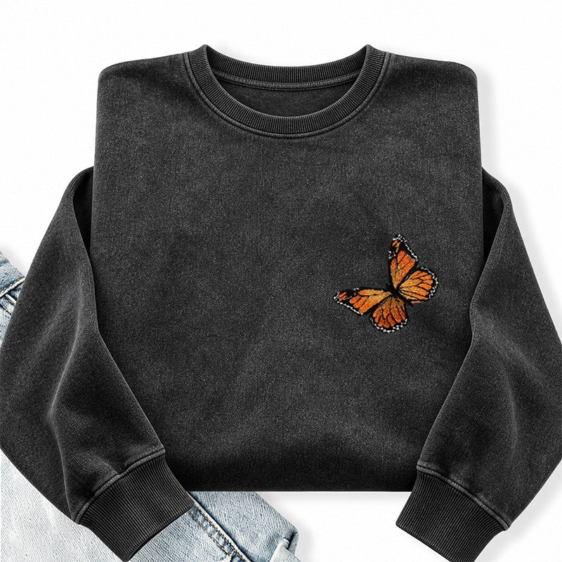 Embroidered Monarch Butterfly Washed Crewneck Sweatshirt