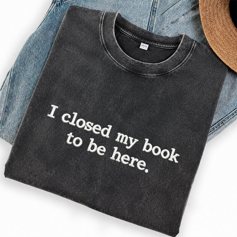 Embroidered Close Book Be Here Washed Crew Neck T-Shirt