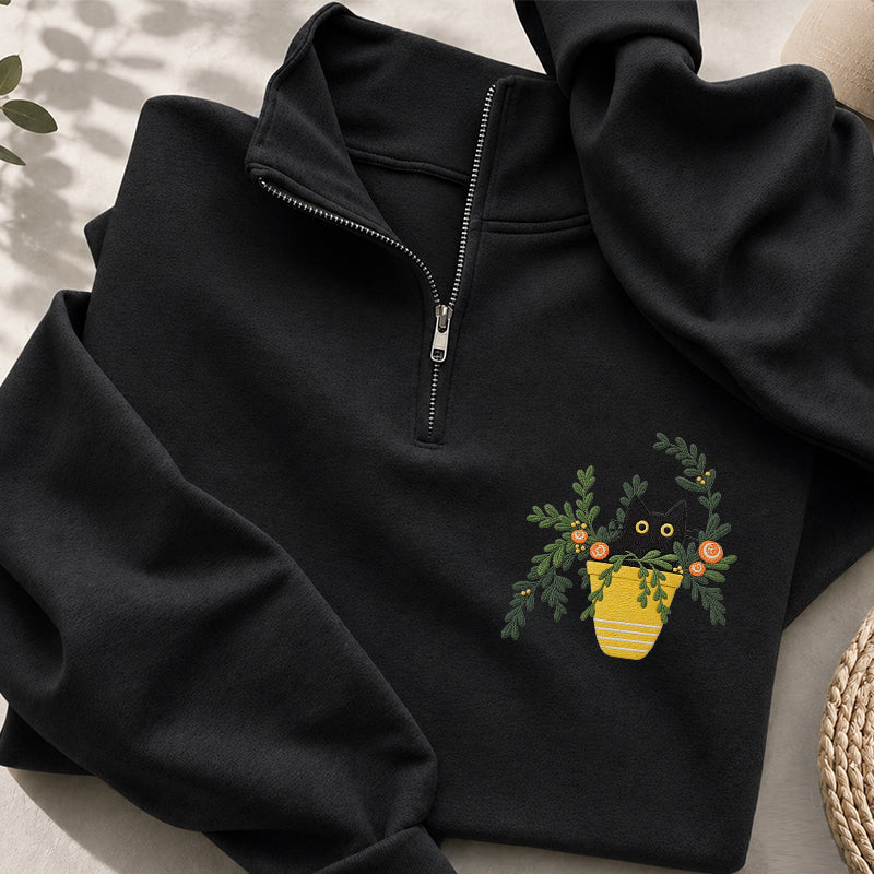 Embroidered Black Cat Flowerpot Classic Quarter Zip Sweatshirt