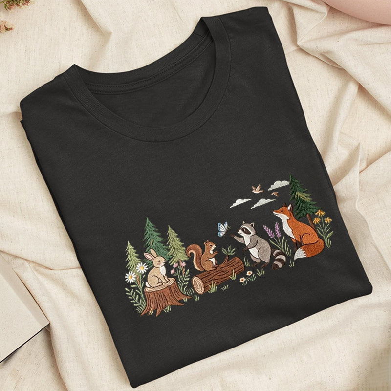 Embroidered Woodland Animals Classic Adult Unisex Crew Neck T-Shirt