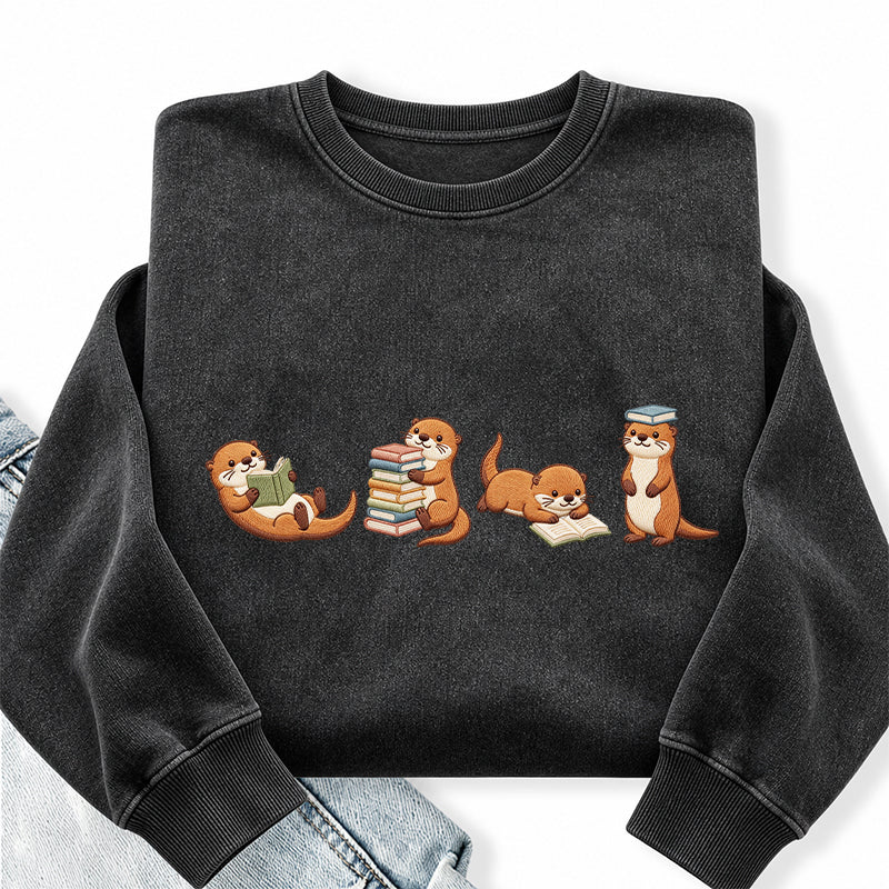 Embroidered Otter Reading Book Washed Crewneck Sweatshirt
