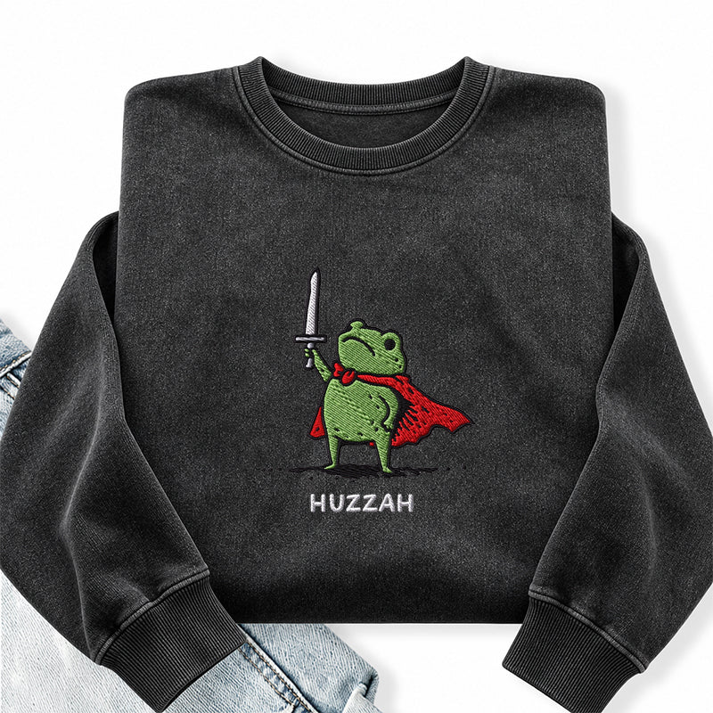 Embroidered Huzzah Frog with Sword Washed Crewneck Sweatshirt