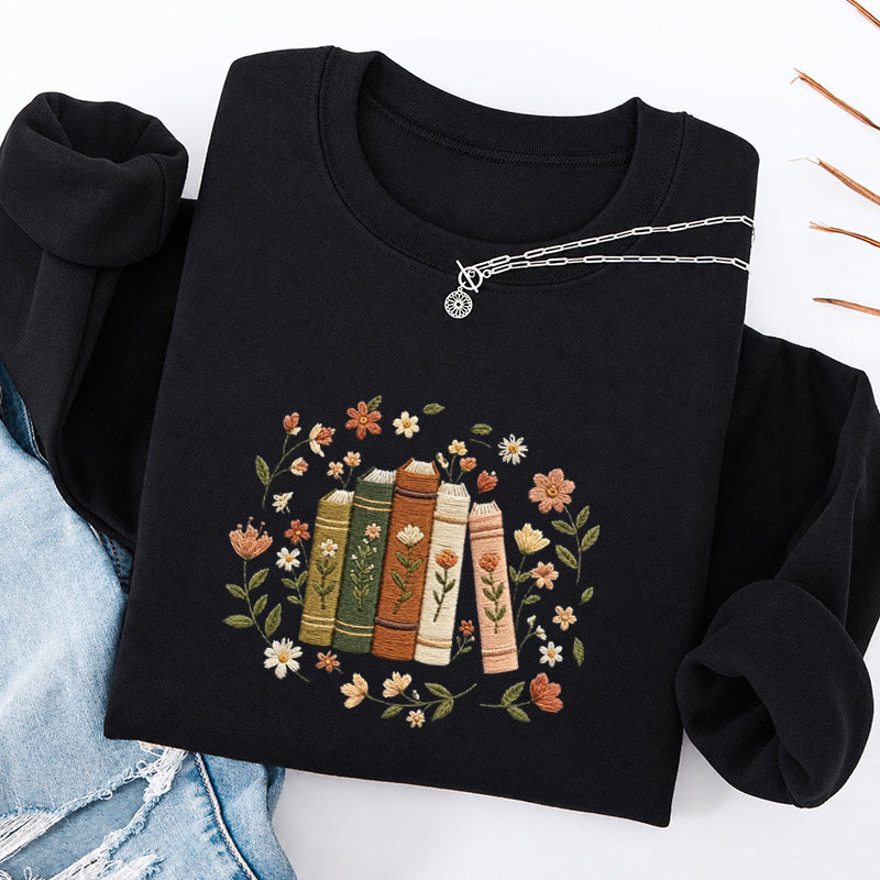 Embroidered Floral Book Stack Classic Crewneck Sweatshirt