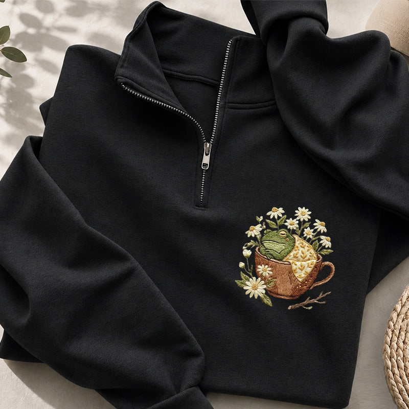 Embroidered Frog In Teacup Classic Quarter Zip Sweatshirt