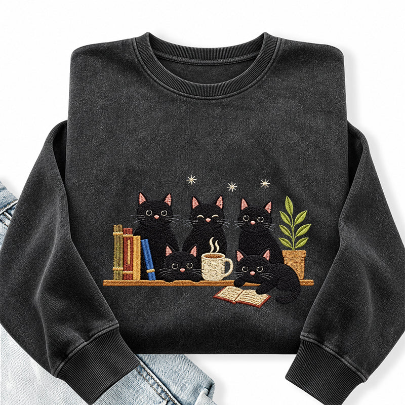 Embroidered Black Cat On Bookshelf Washed Crewneck Sweatshirt