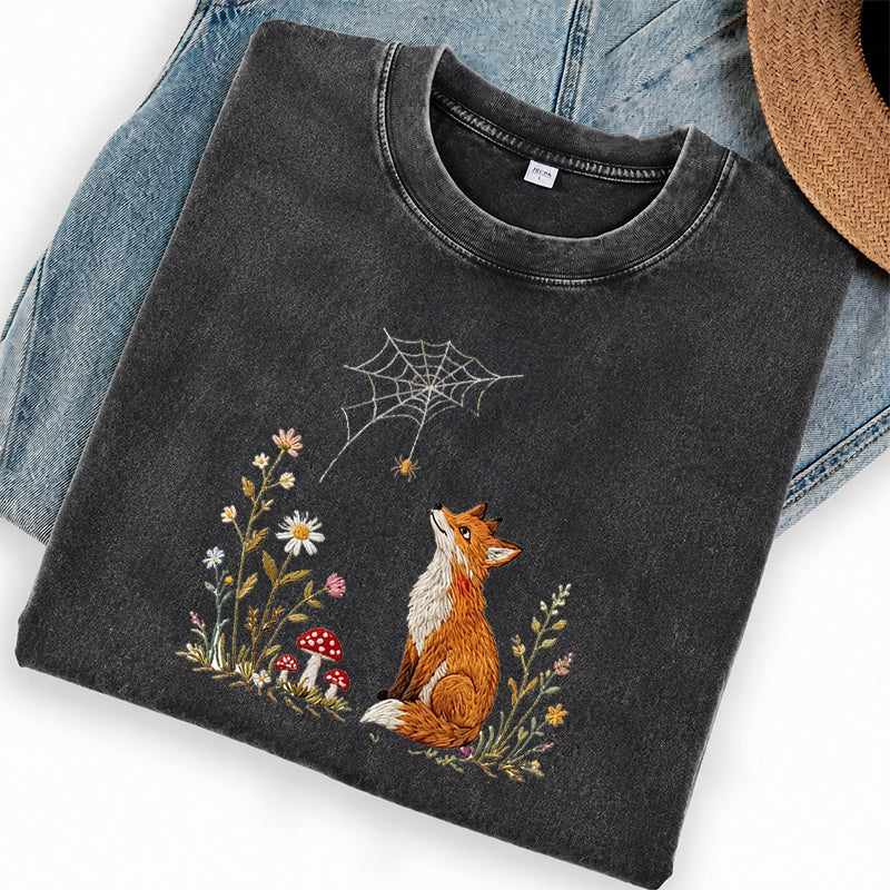 Embroidered Fox Cottagecore Washed Crew Neck T-Shirt