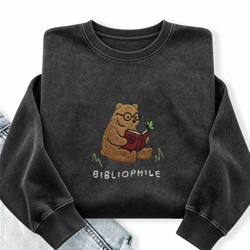 Embroidered Reading Bear Washed Crewneck Sweatshirt