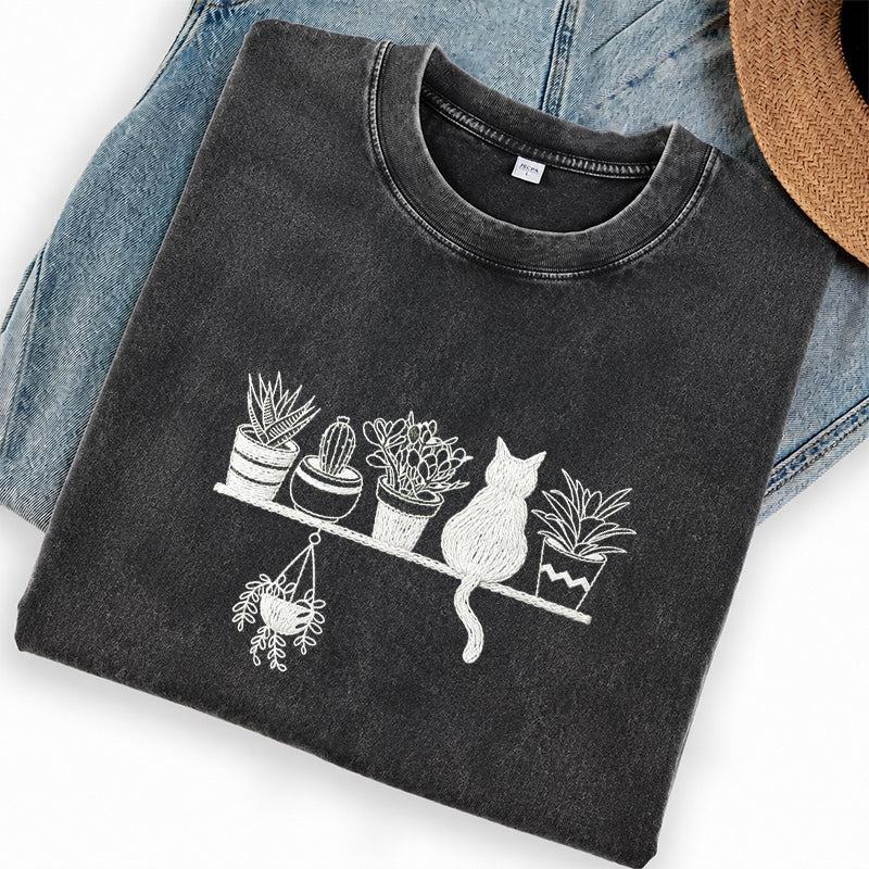 Embroidered Cats And Plants Washed Crew Neck T-Shirt