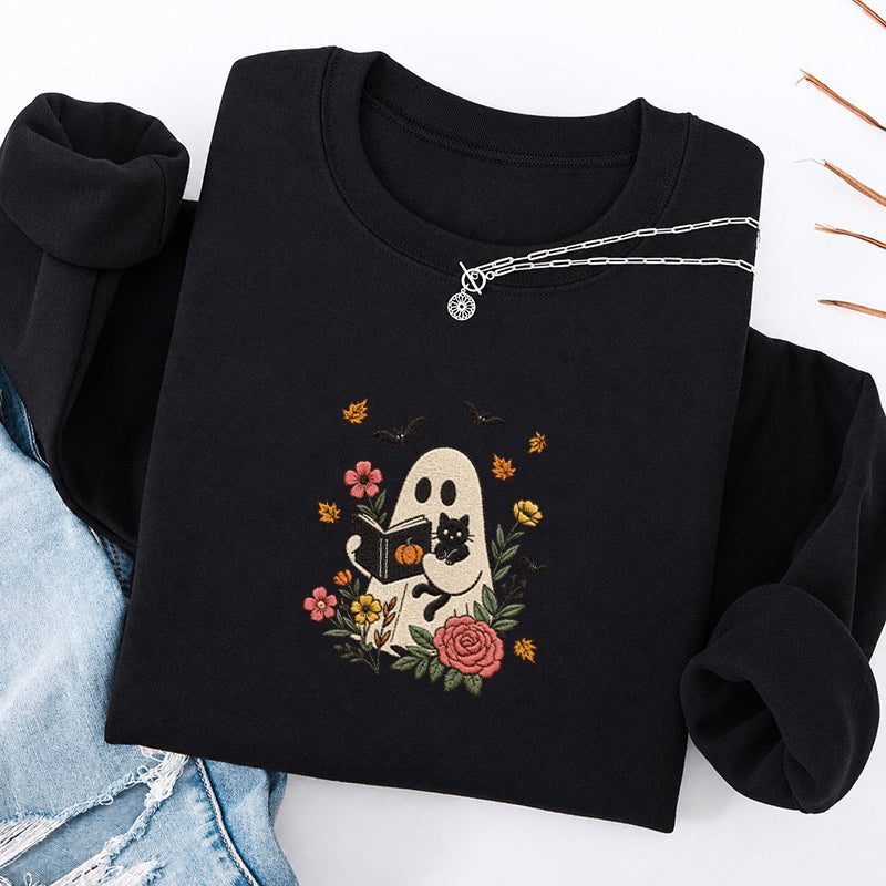 Embroidered Floral Ghost Reading Classic Crewneck Sweatshirt