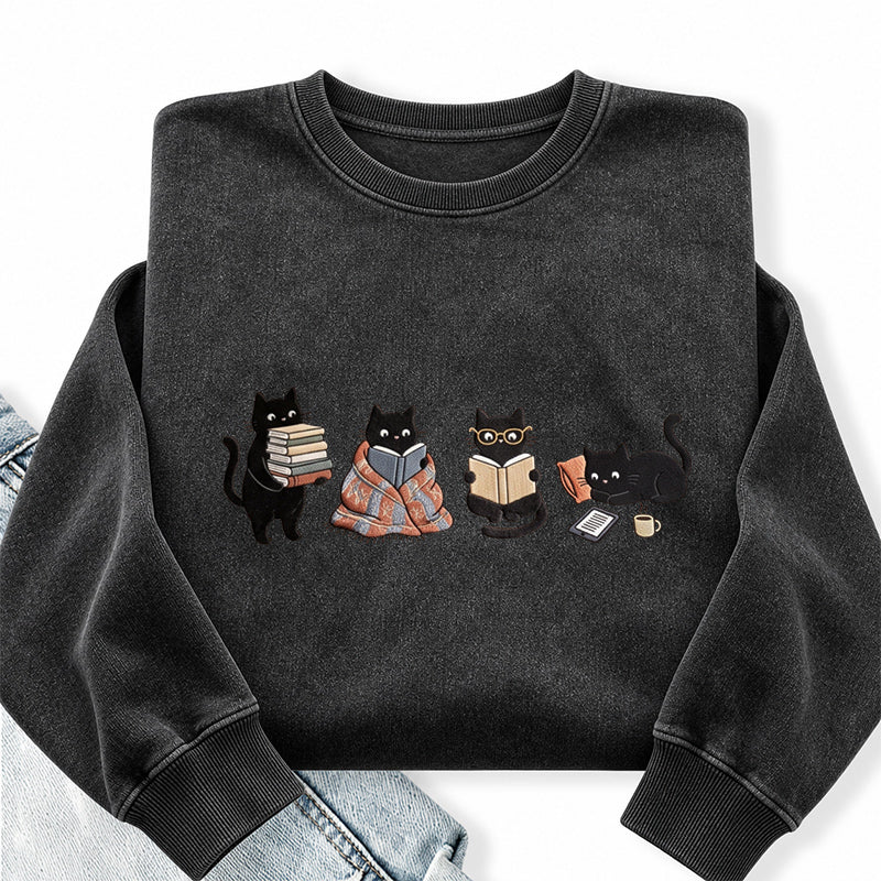 Embroidered Reading Black Cat Washed Crewneck Sweatshirt
