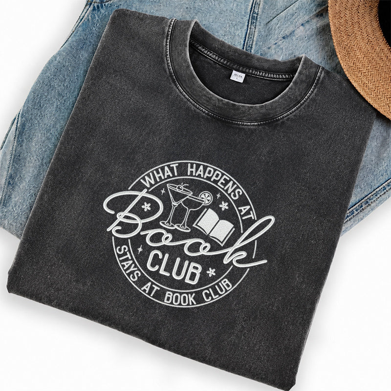 Embroidered Funny Book Club Washed Crew Neck T-Shirt