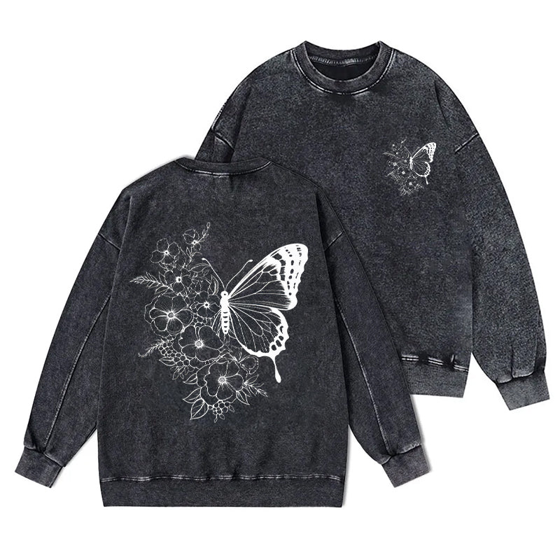 Floral Butterfly Washed Crewneck Sweatshirt