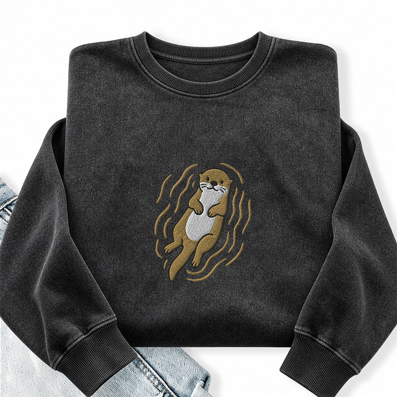 Embroidered Otter Washed Crewneck Sweatshirt