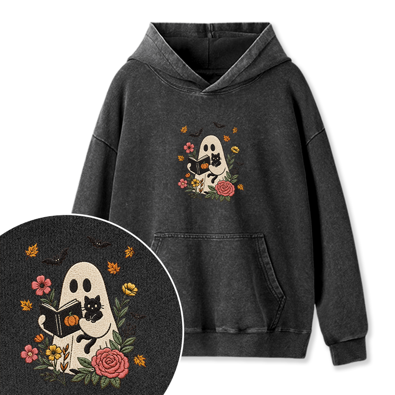 Embroidered Floral Ghost Reading Washed Hoodie