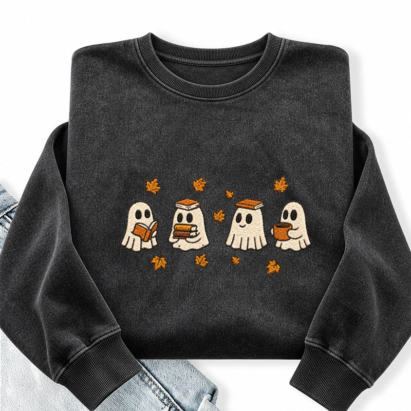 Embroidered Autumn Bookish Ghost Washed Crewneck Sweatshirt